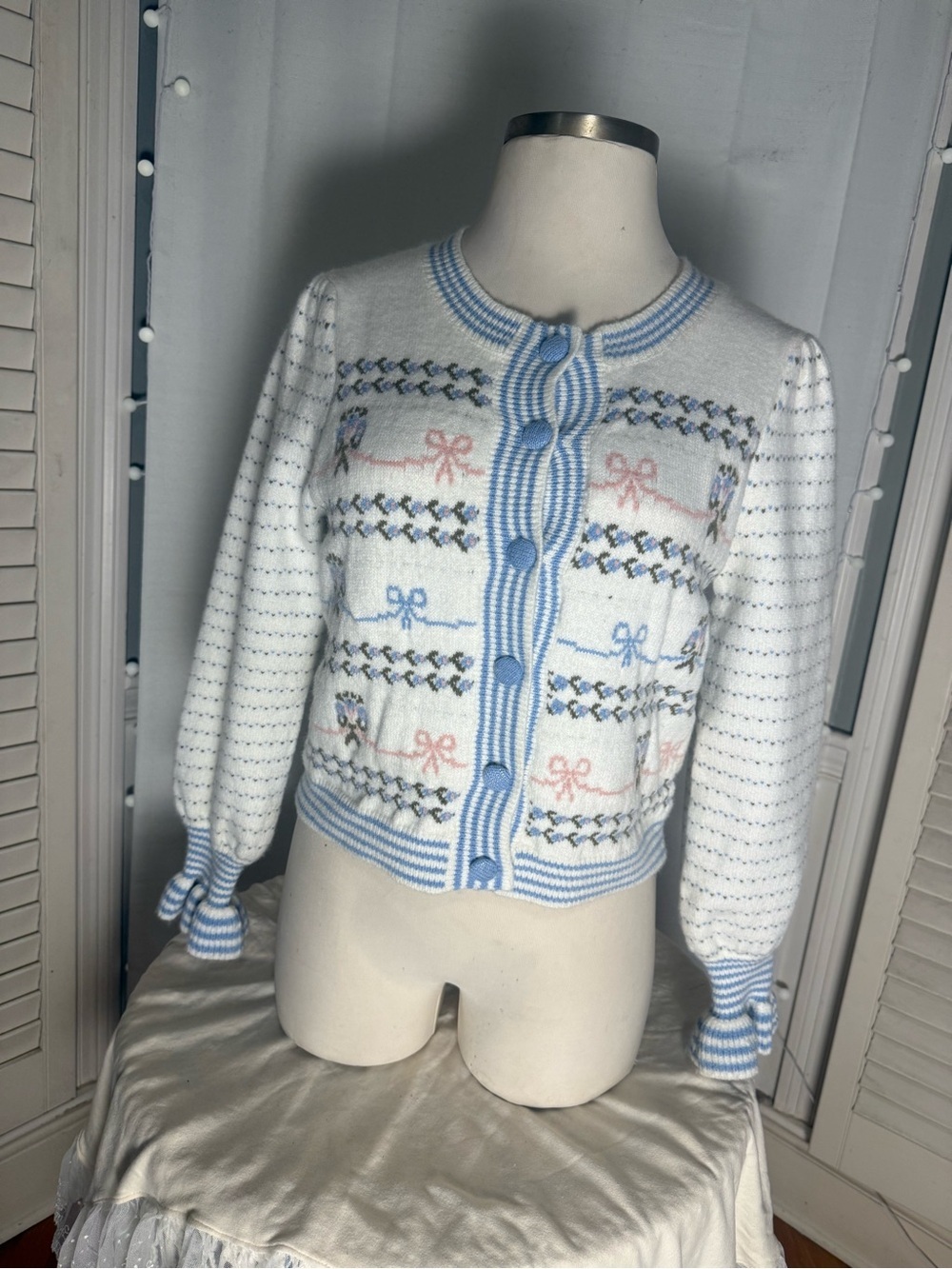 Sunday Up Blue Bow Floral Fair Isle Knit Cardigan Sweater L Coquette Cottagecore